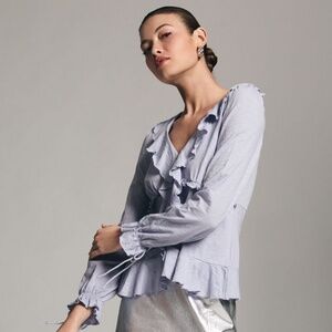 Anthropologie Light Blue Romantic Ruffled Knit Blouse - Size M